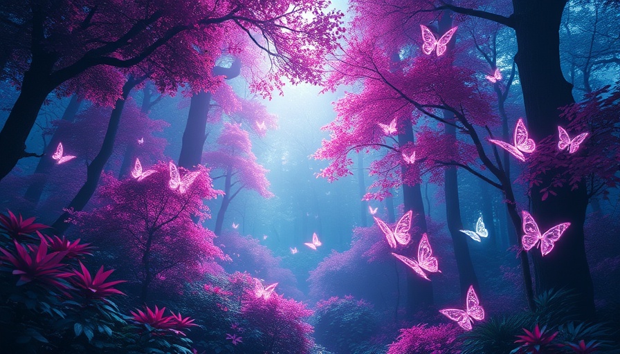 Ethereal forest with glowing butterflies in a magical ambiance