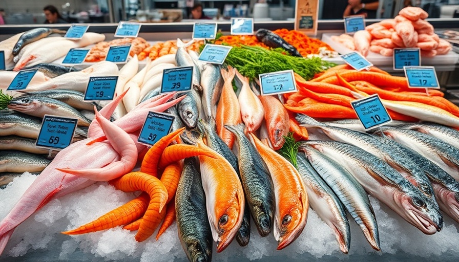 Fresh seafood display at National Skill Olympiad for seafood exports, organized presentation.