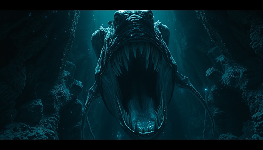 Mysterious underwater scene with massive creature in a cavern.