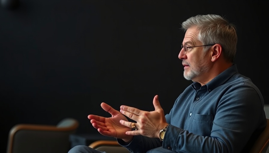 Entrepreneur discussing AI, seated indoors, dark setting.