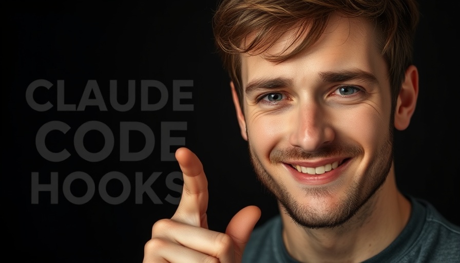 Close-up of a man pointing at 'Claude Code Hooks' text, dark background.