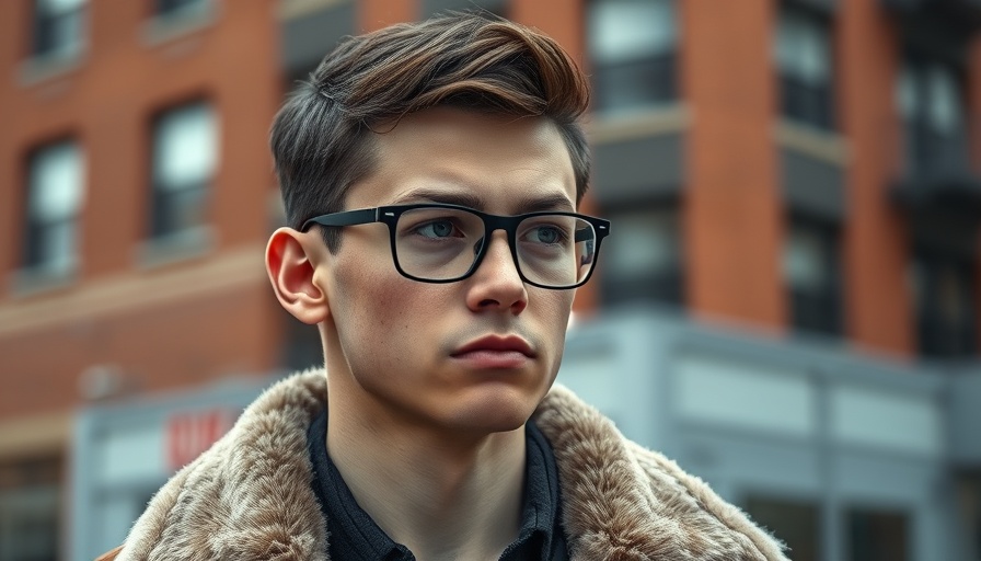 Thoughtful young man in glasses with urban backdrop, AI automation for entrepreneurs.