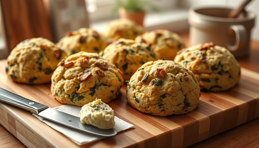Freshly baked seaweed scones on wooden board with herb butter.