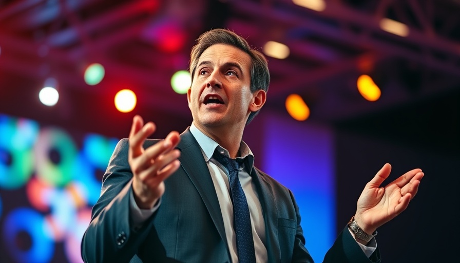 Business speaker presenting on vibrant stage, business diagnostics systems.