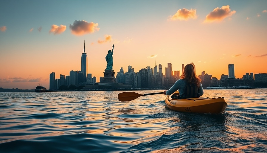 Woman kayaking in NYC waters at sunset, Statue of Liberty visible.