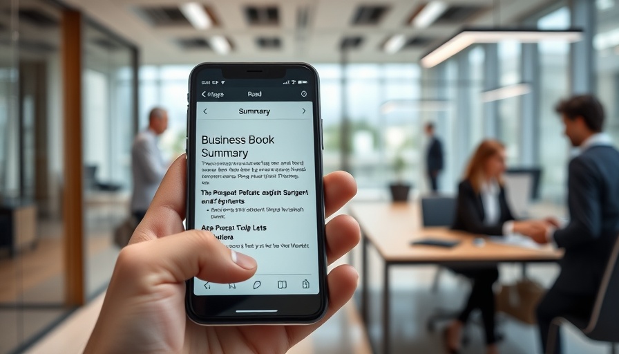 Smartphone displaying business book summaries for entrepreneurs in office.