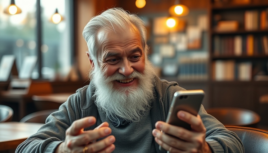 Elderly man using smartphone in a cozy cafe setting