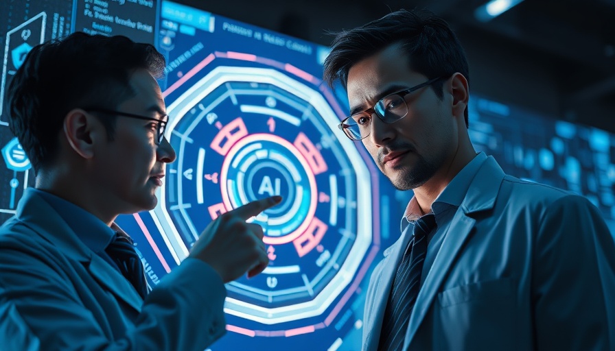 Professionals interacting with AI interface in a futuristic setting