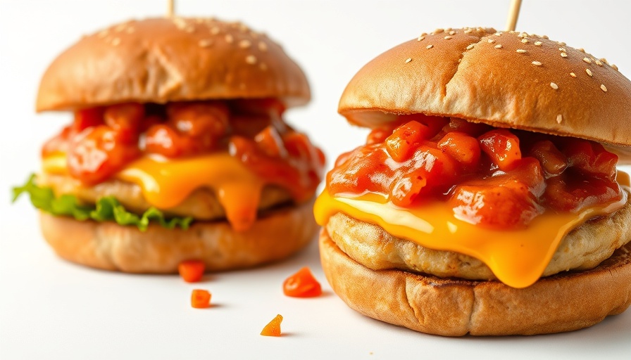 Chilli crab sauce burgers in Singapore with crispy patties and fresh lettuce on a white background.