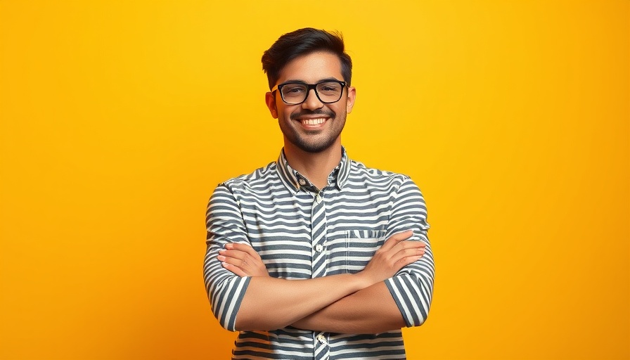 Smiling man in striped shirt promoting 'The Future Doesn’t Care'.
