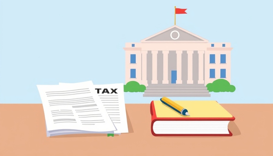 Illustration of tax documents for small businesses with government building.