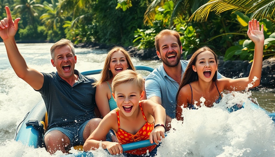 Excited family on an Orlando river rapids ride, lush greenery.