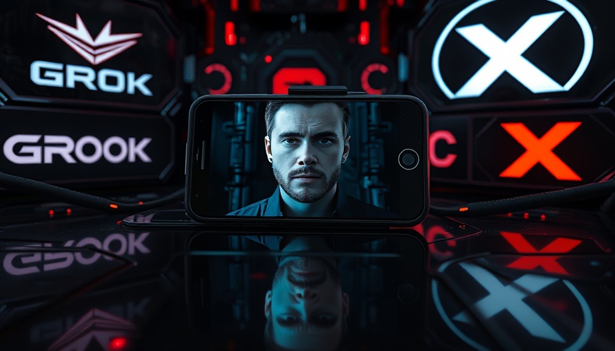 Futuristic phone display with 'Grok' and 'X' logos, AI automation theme.
