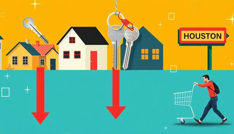 Illustration of home prices plummeting in Houston with symbolic elements.