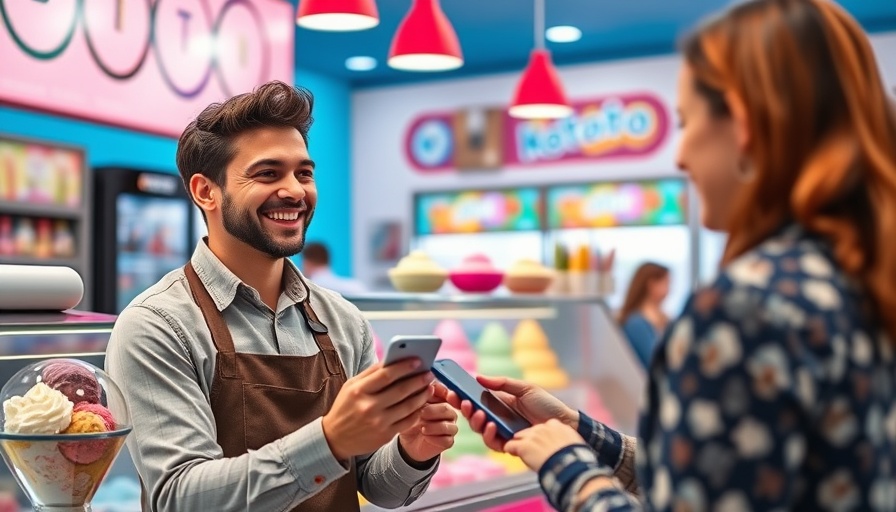 Friendly shop employee engaging with a customer using mobile payment in a vibrant store.