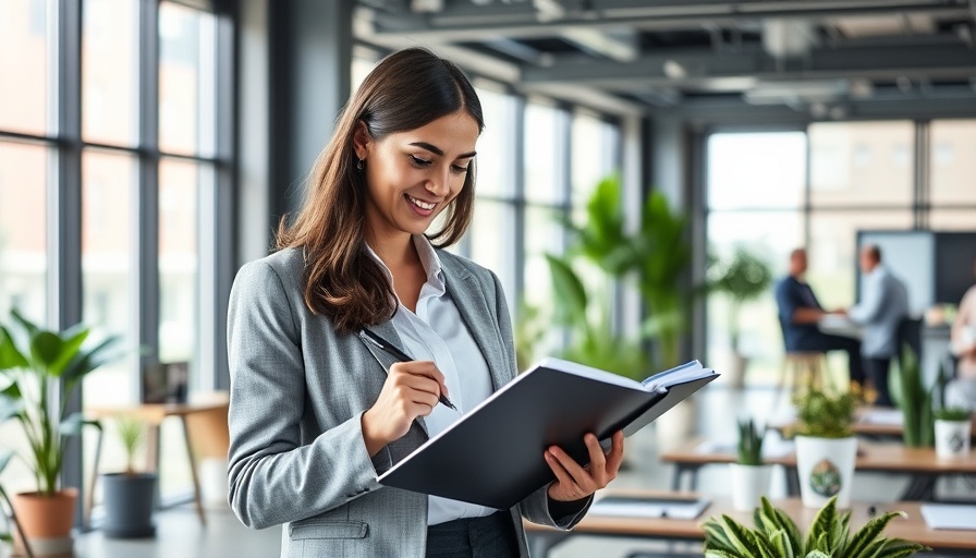 Businesswoman using planner in open office, employee time clock tools concept.