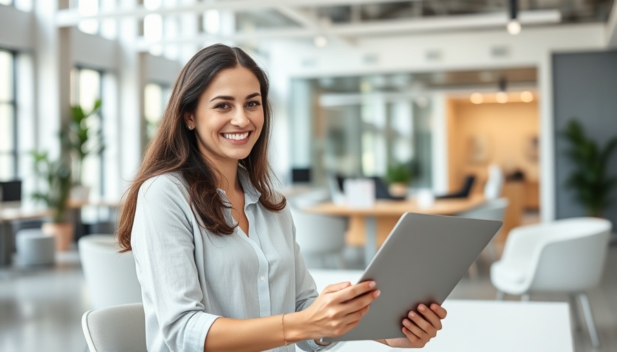 Professional woman using a notebook in modern office.