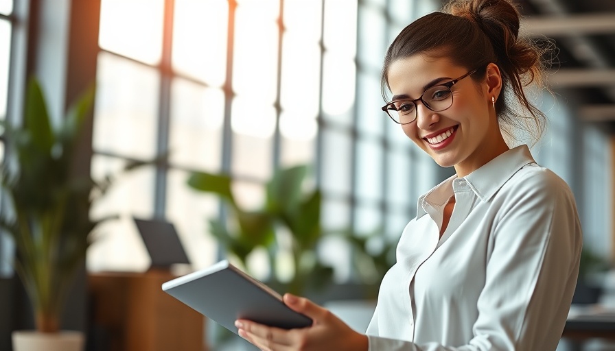 Professional woman using notebook in bright office with employee time clock tools.