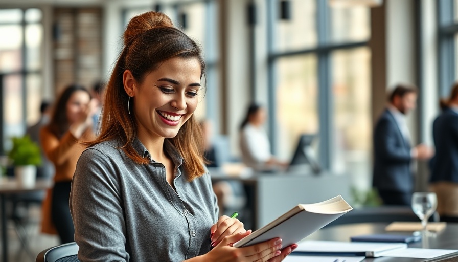 Smiling businesswoman using planner in modern office setting.