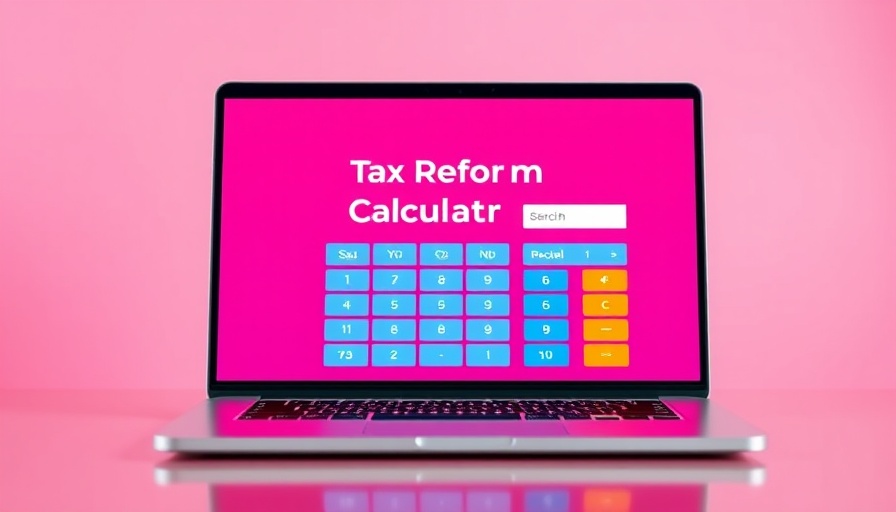 Modern tax reform calculator displayed on laptop with pink background.
