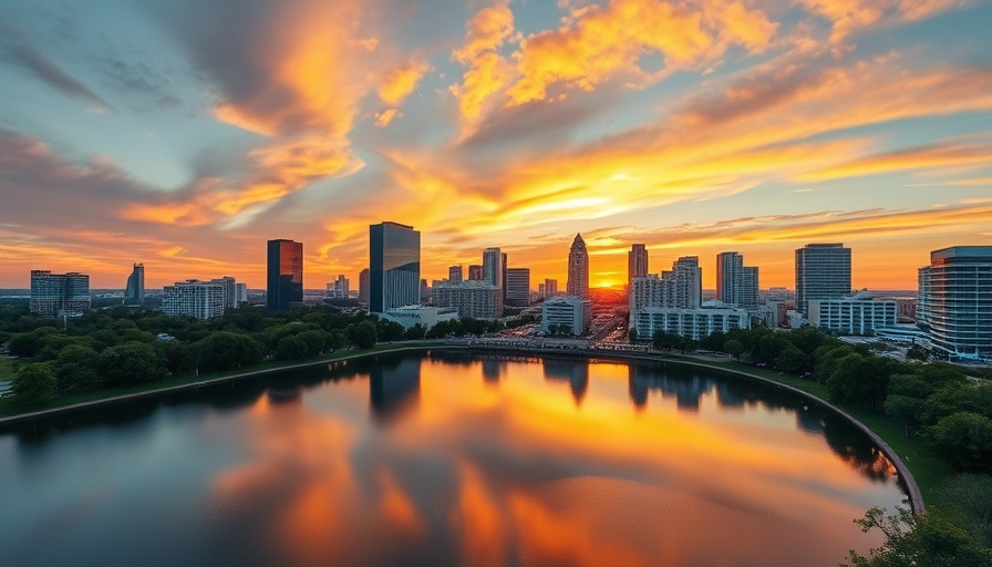 Aerial view of Orlando skyline at sunset for Orlando's 150th Birthday Celebration.