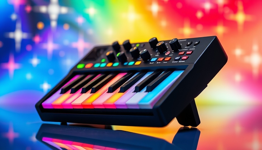 Colorful Akai MIDI keyboard shown with artistic flair