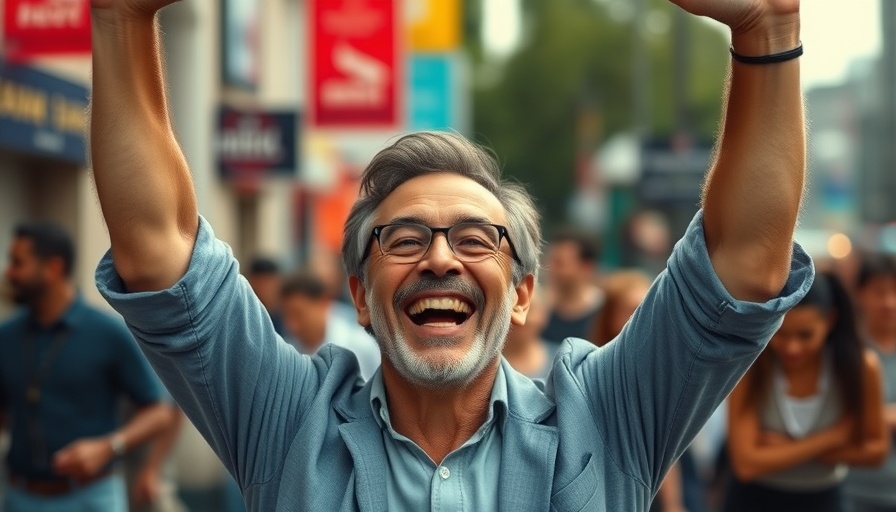 Middle-aged man in yellow suit celebrating success, smiling jubilantly.