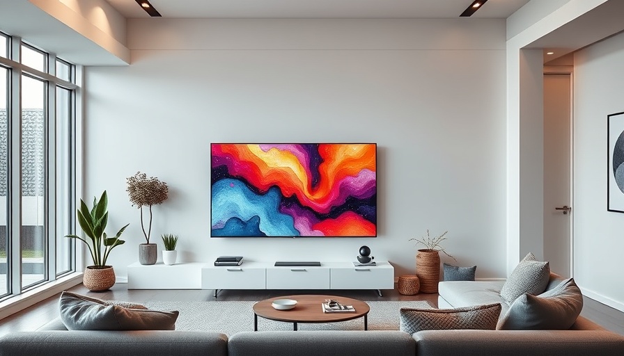 Modern living room with new tech gadget in 2025 display
