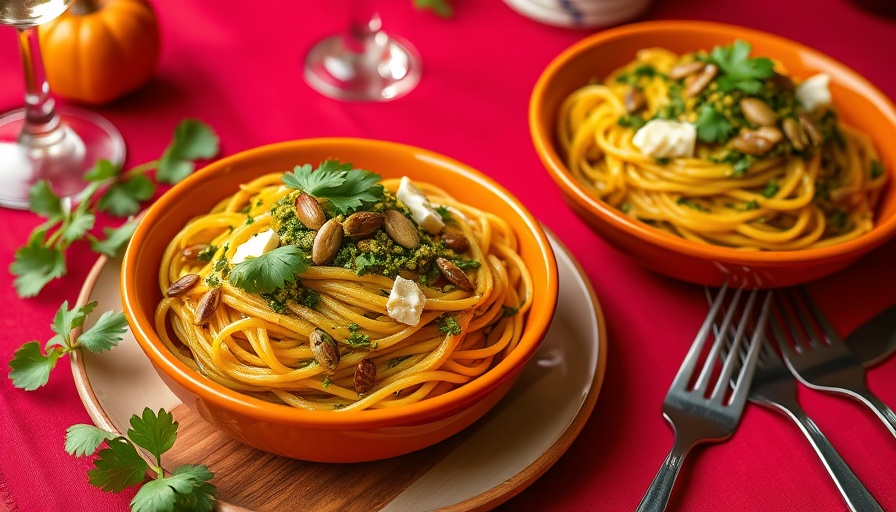 Cilantro pesto pasta in orange bowls on red tablecloth.