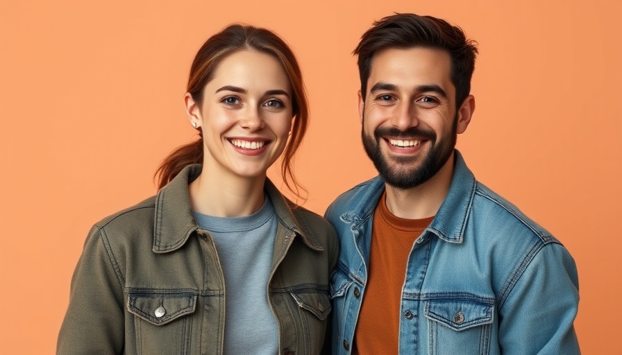 Smiling couple in blue shirts against a peach background.