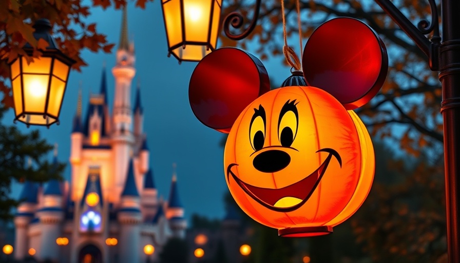Festive Mickey Mouse pumpkin lantern at Orlando theme park fall event.