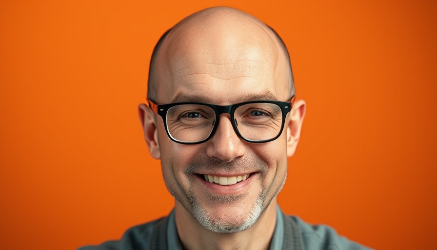 Thoughtful bald man in glasses smiling against an orange background, sunk costs in entrepreneurship.