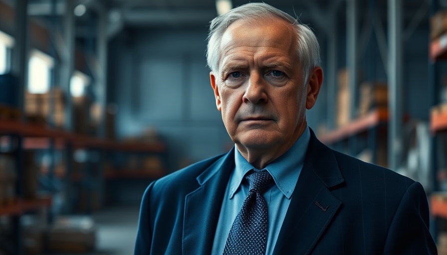 Older man in navy suit inside industrial setting, soft lighting.