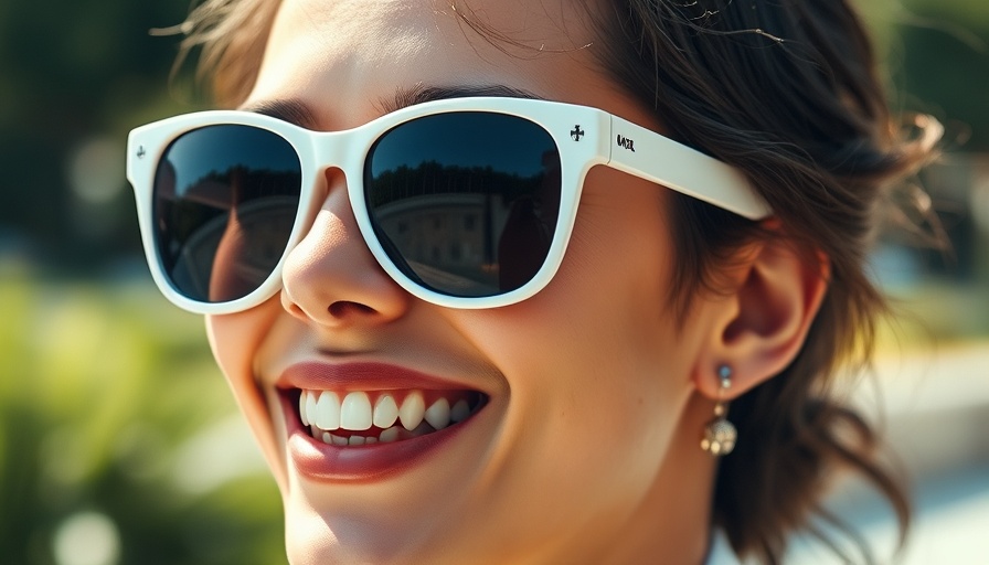 Smiling person with white sunglasses outdoors reflecting a lively scene.