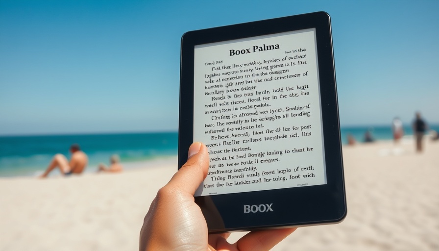 Boox Palma e-reader being held on a beach with sea in background.