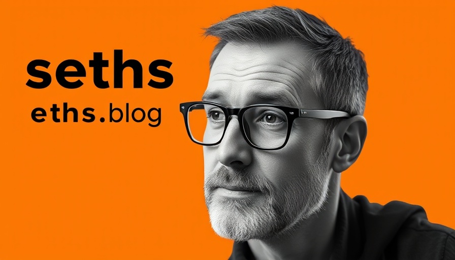Portrait with glasses on orange backdrop, 'seths.blog'. Lunging in Business.