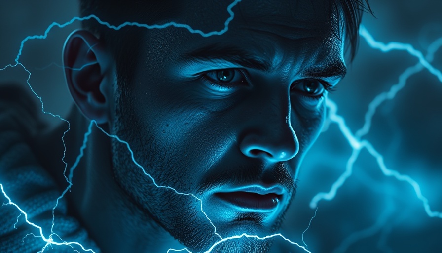 Intense man grappling with inner storm, vivid electrified scene.