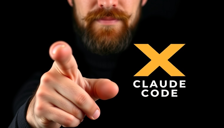 Bearded man pointing at Claude Code X logo, bold design.