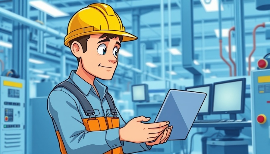 Industrial worker using a laptop to reduce equipment downtime, cartoon style.