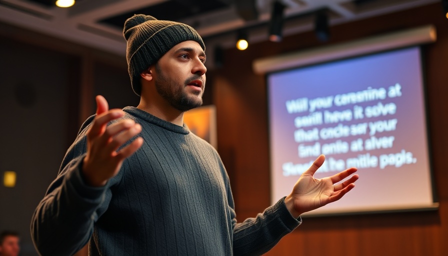 AI for entrepreneurs speaker on stage gesturing, engaging audience.