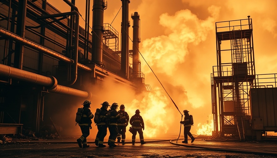 People tackling industrial blaze with smoke in sepia.
