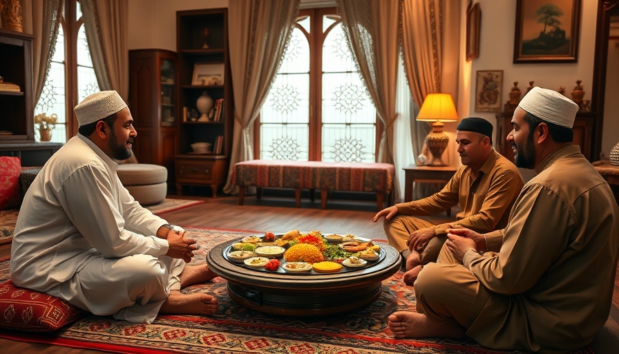 Three men dining in a cozy, traditionally decorated living room.