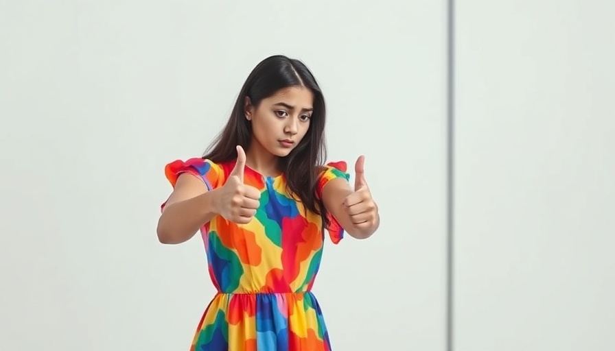 Fashion Rental Challenges: Disappointed woman in colorful dress giving thumbs down in mirror.