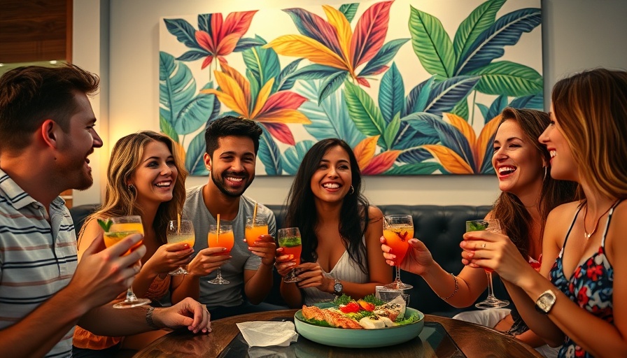 Group enjoying summer cocktails in Orlando with sushi.