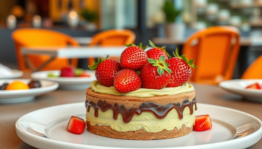 Pistachio chocolate dessert topped with strawberries, Orlando cafe table.