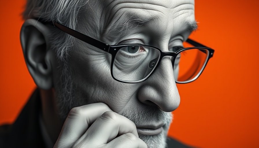 Grayscale portrait of a man with glasses on an orange background.