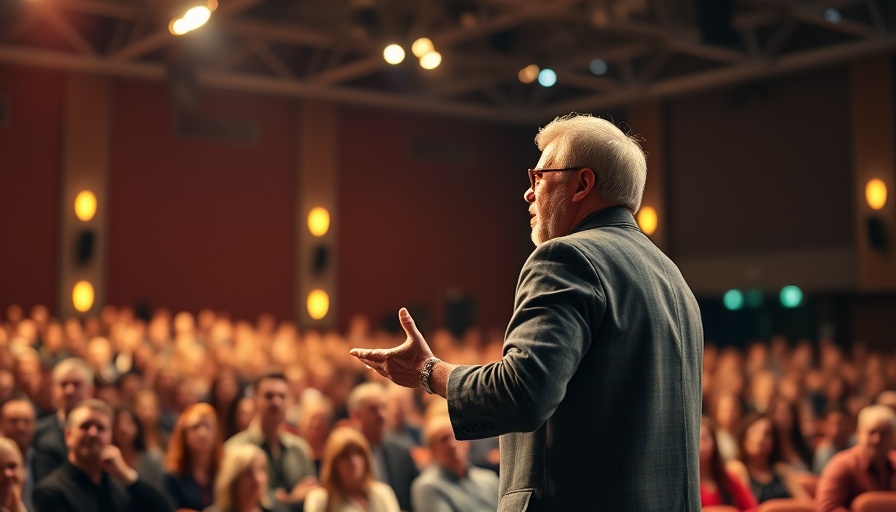 Motivational speaker engaging audience in marketing strategy talk.