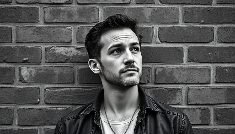Contemplative man in grayscale portrait with brick wall background.