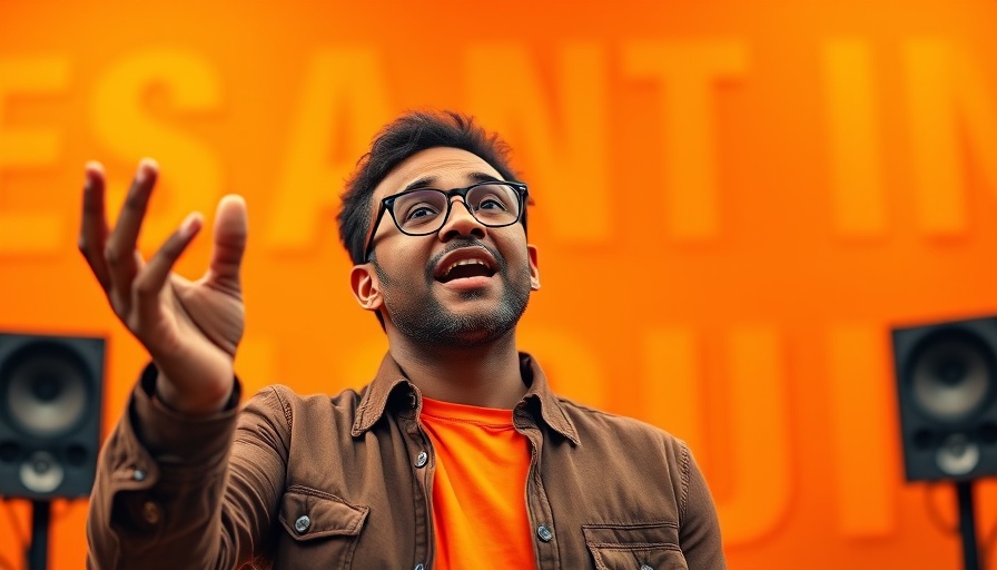 Dynamic speaker gesturing against orange backdrop with bold text.
