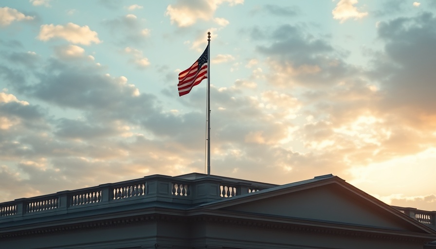 American flag and grand architecture under dramatic sky.